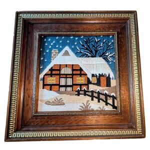 VTG Framed Crewel Longstitch Needlepoint Winter Cabin Rustic Handmade Art 12X12